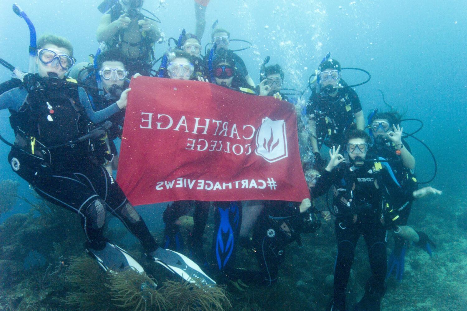 学生们手持<a href='http://0yd.acephotovideo.net'>博彩网址大全</a>旗帜，在j学期洪都拉斯游学之旅中潜水.